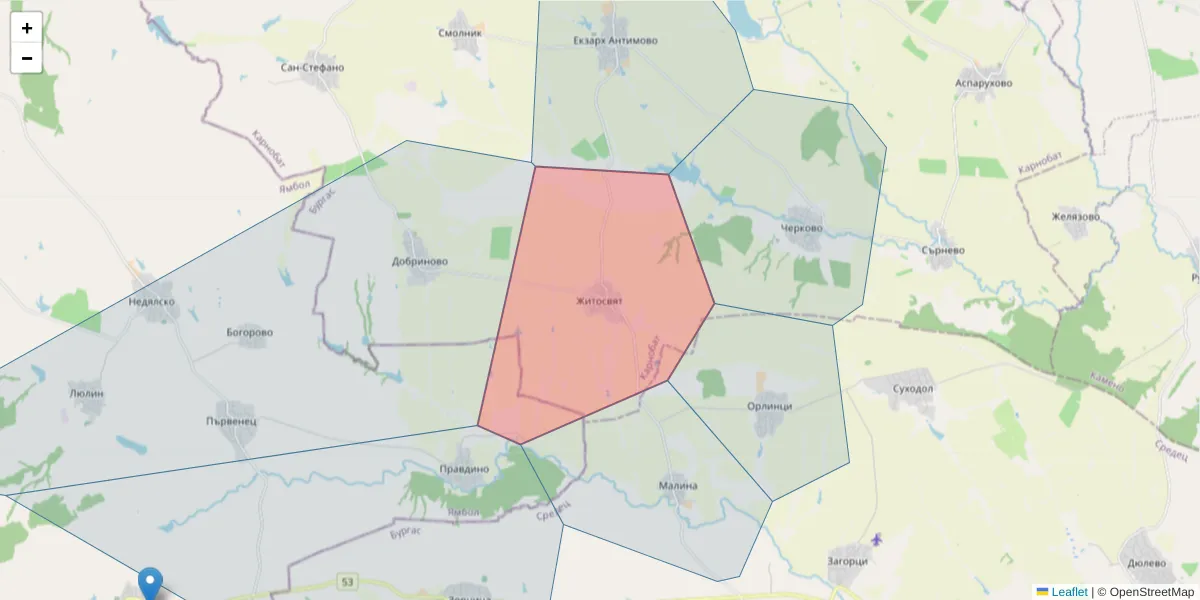 Карта на пощенски код  и съседните пощенски кодове в България