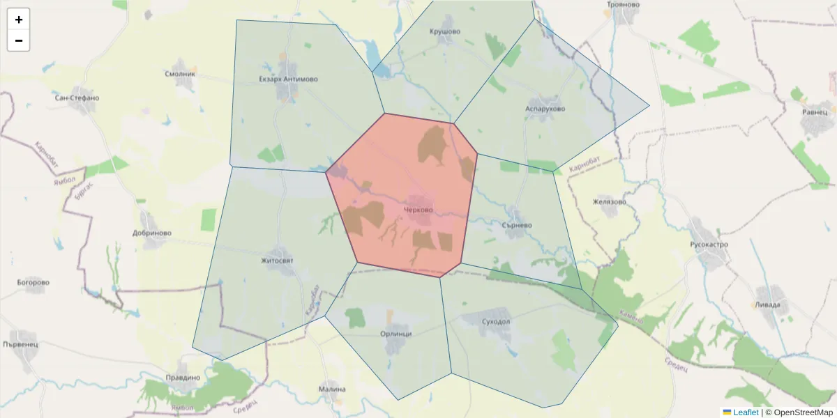 Карта на пощенски код  и съседните пощенски кодове в България