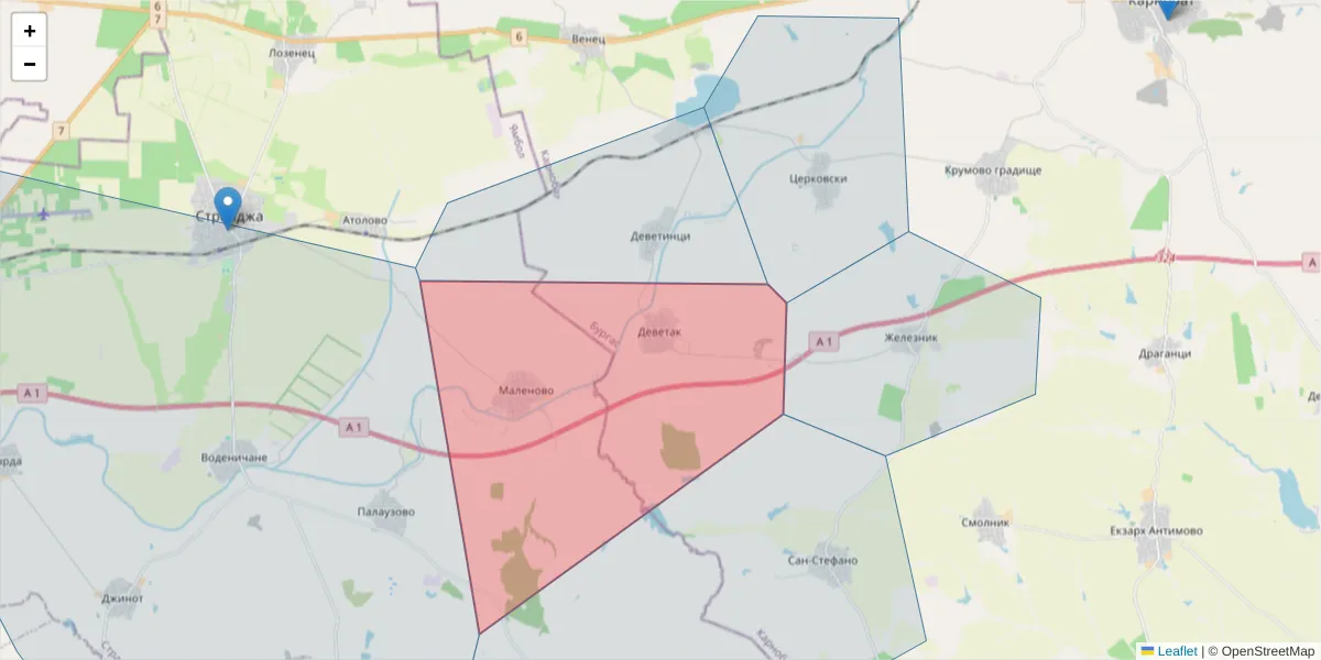 Карта на пощенски код  и съседните пощенски кодове в България