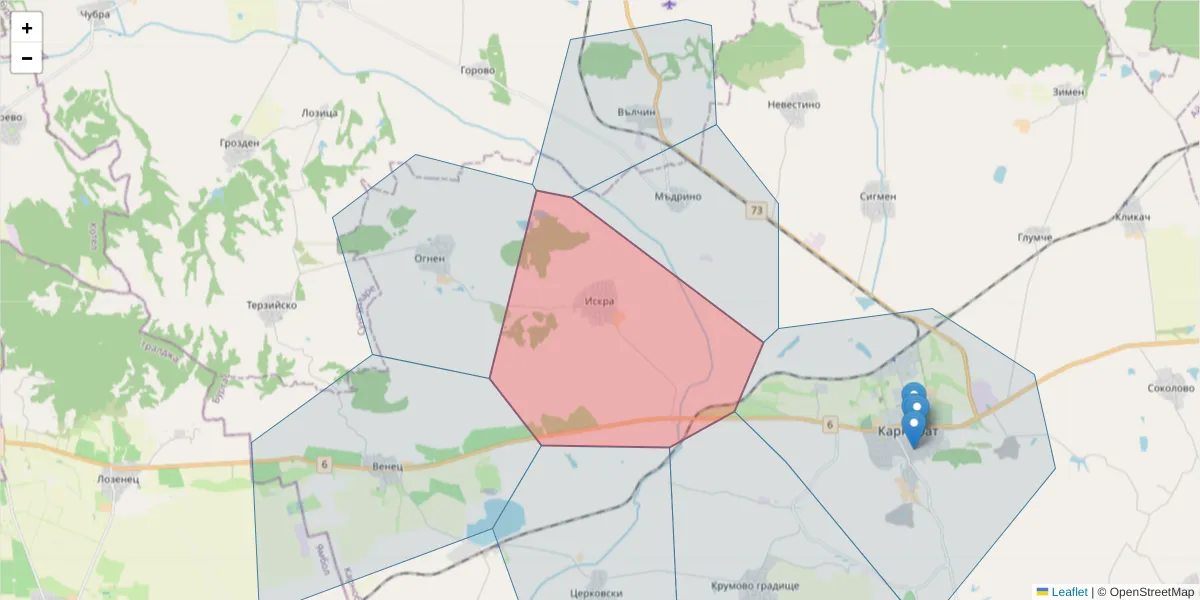 Карта на пощенски код  и съседните пощенски кодове в България