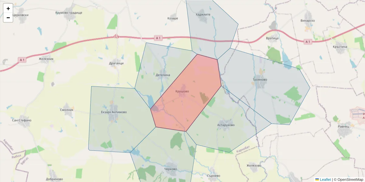 Карта на пощенски код  и съседните пощенски кодове в България