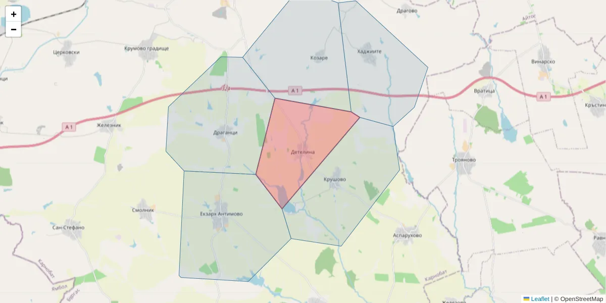 Карта на пощенски код  и съседните пощенски кодове в България