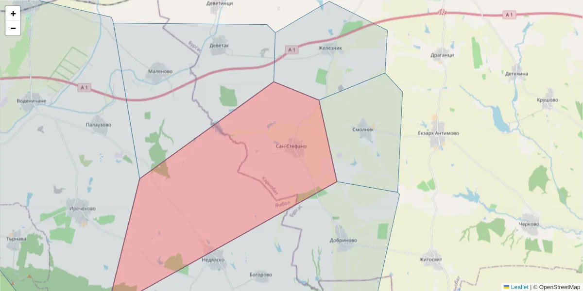 Карта на пощенски код  и съседните пощенски кодове в България