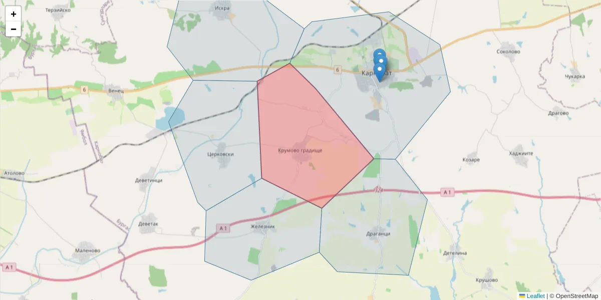 Карта на пощенски код  и съседните пощенски кодове в България