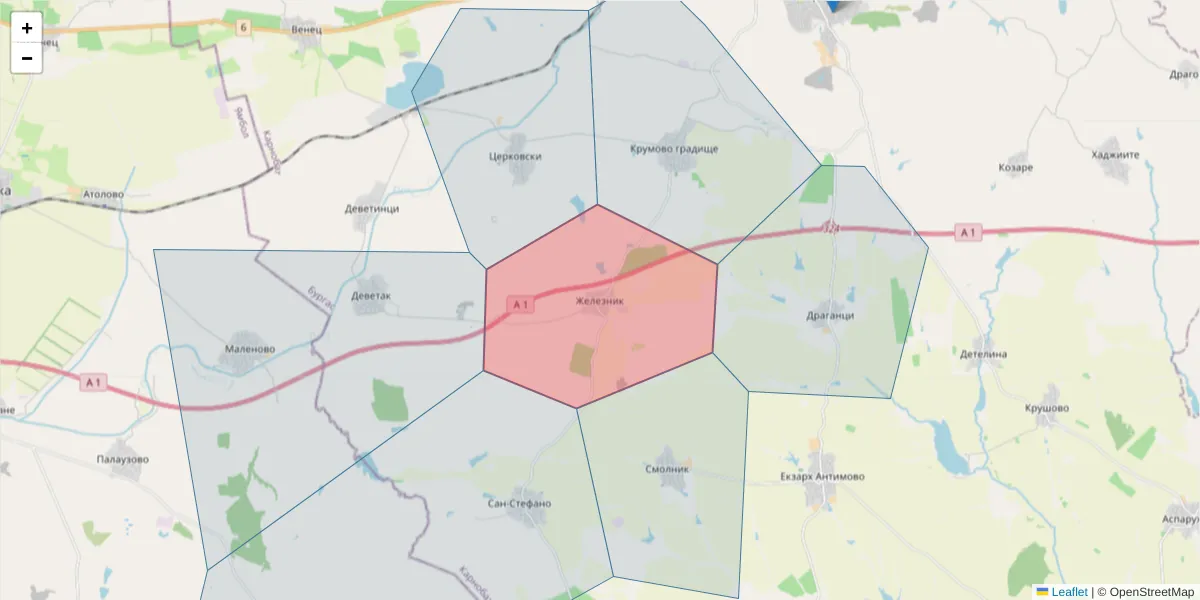 Карта на пощенски код  и съседните пощенски кодове в България