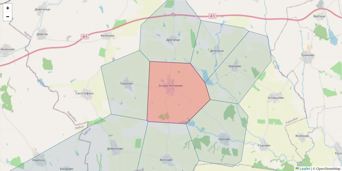 Карта на пощенски код  и съседните пощенски кодове в България