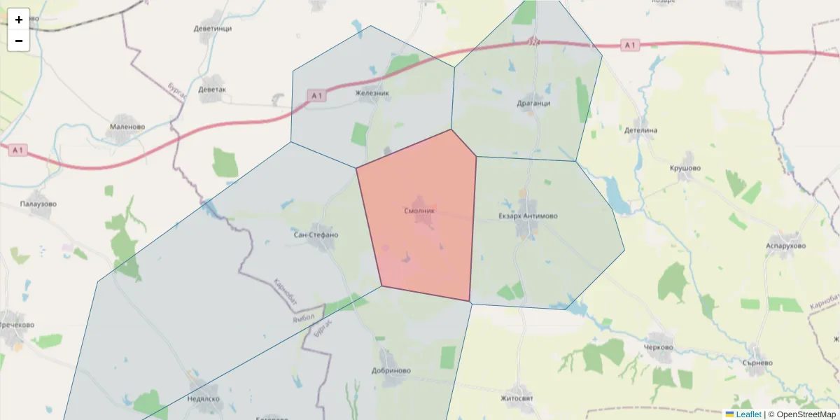 Карта на пощенски код  и съседните пощенски кодове в България