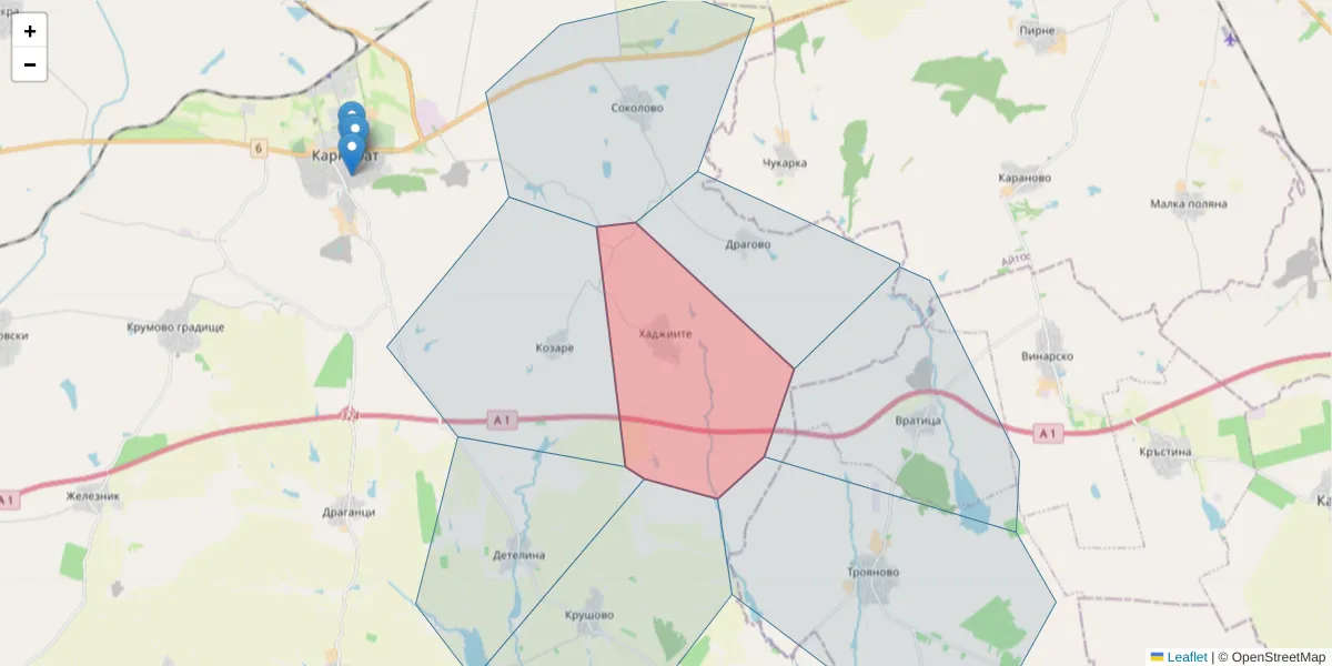 Карта на пощенски код  и съседните пощенски кодове в България