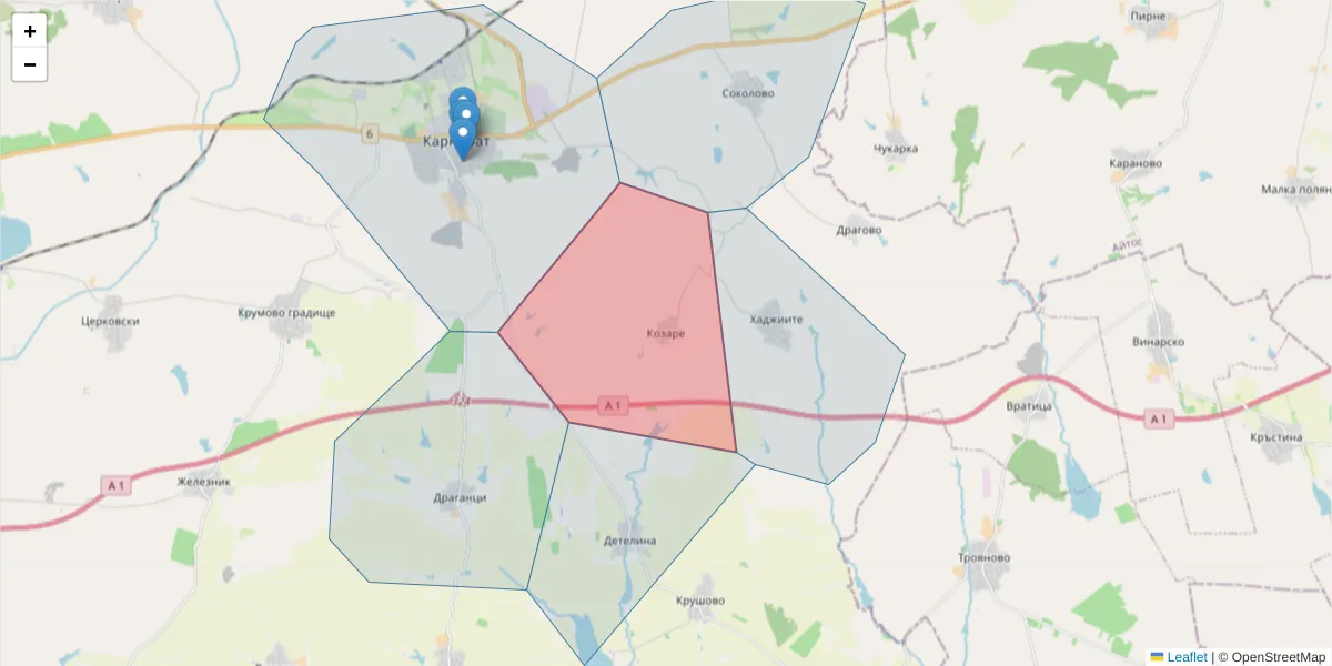Карта на пощенски код  и съседните пощенски кодове в България