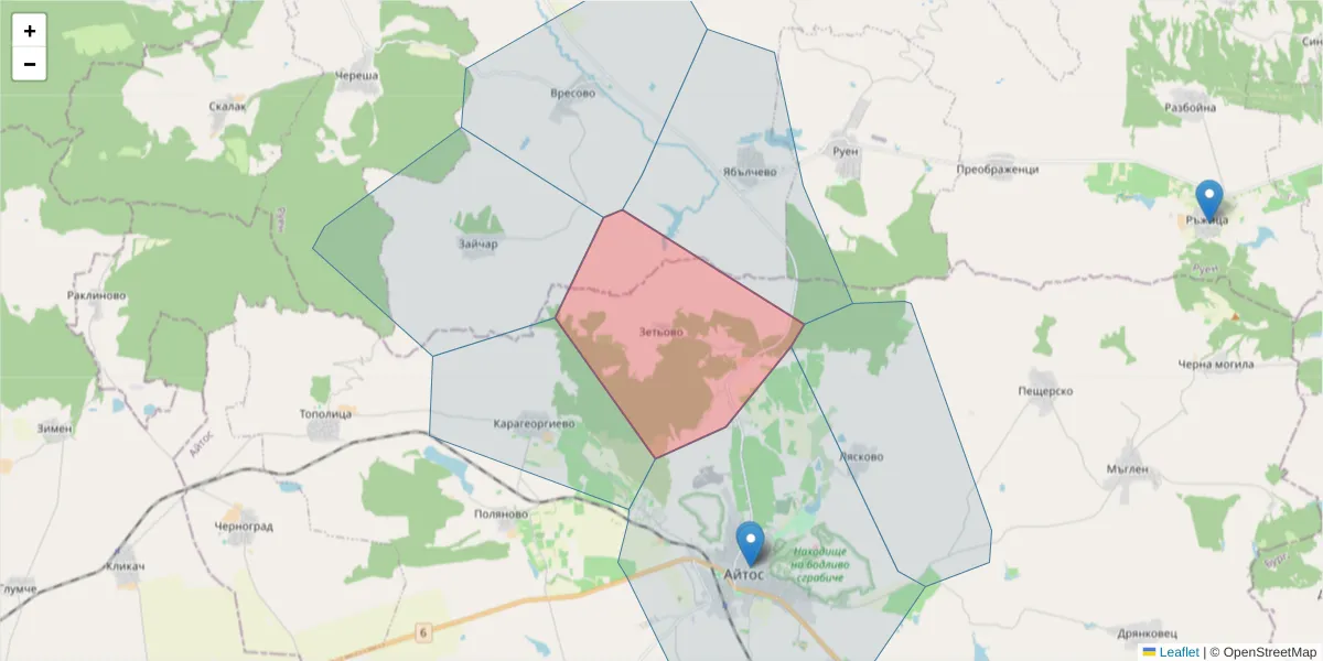 Карта на пощенски код  и съседните пощенски кодове в България