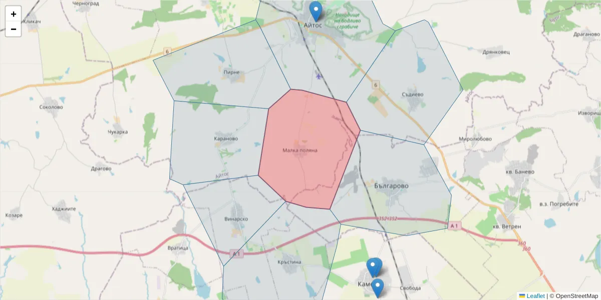 Карта на пощенски код  и съседните пощенски кодове в България