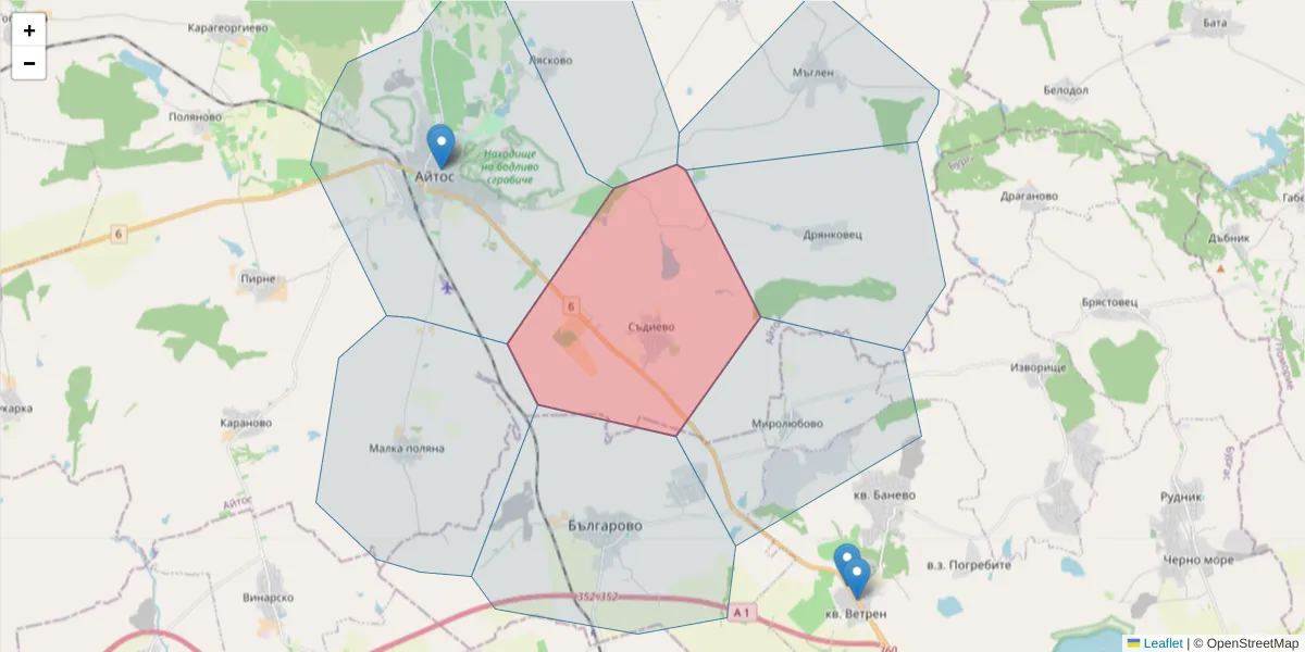 Карта на пощенски код  и съседните пощенски кодове в България