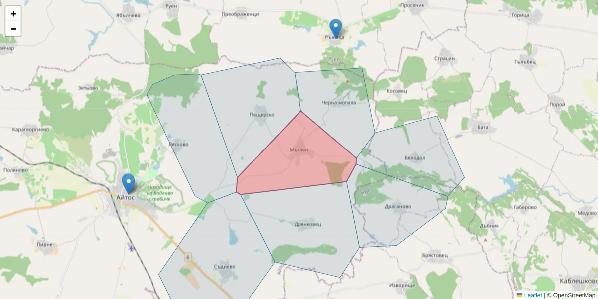 Карта на пощенски код  и съседните пощенски кодове в България