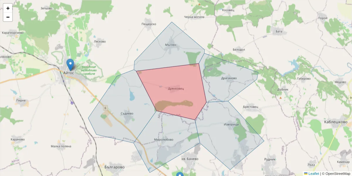 Карта на пощенски код  и съседните пощенски кодове в България