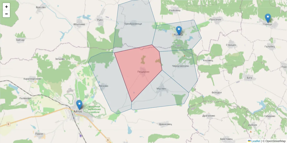 Карта на пощенски код  и съседните пощенски кодове в България