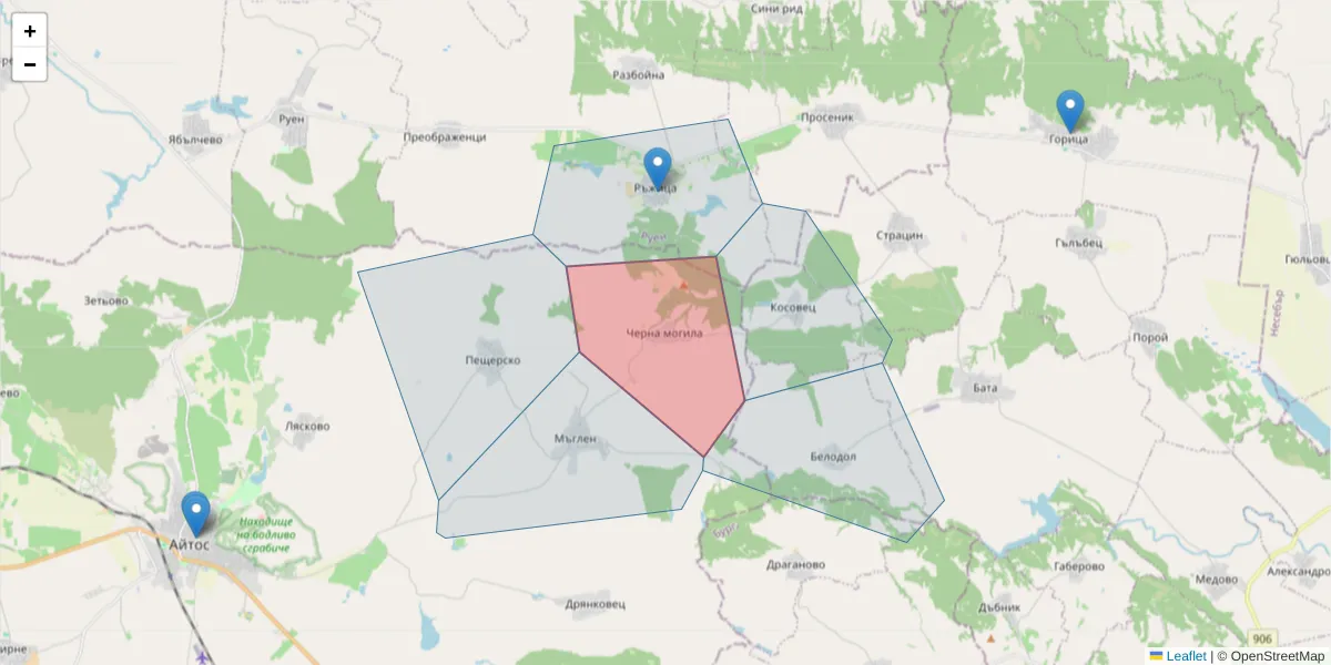 Карта на пощенски код  и съседните пощенски кодове в България