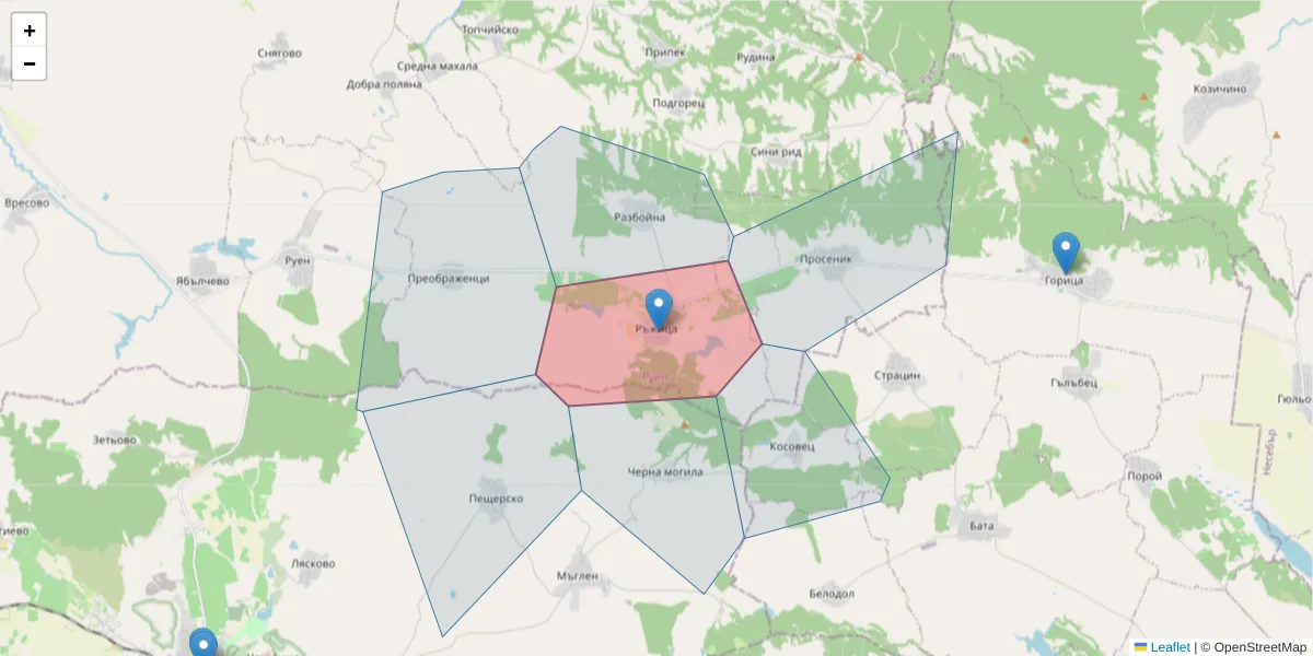 Карта на пощенски код  и съседните пощенски кодове в България