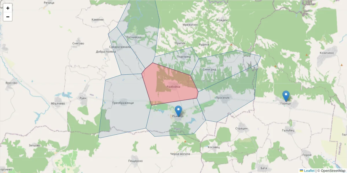 Карта на пощенски код  и съседните пощенски кодове в България