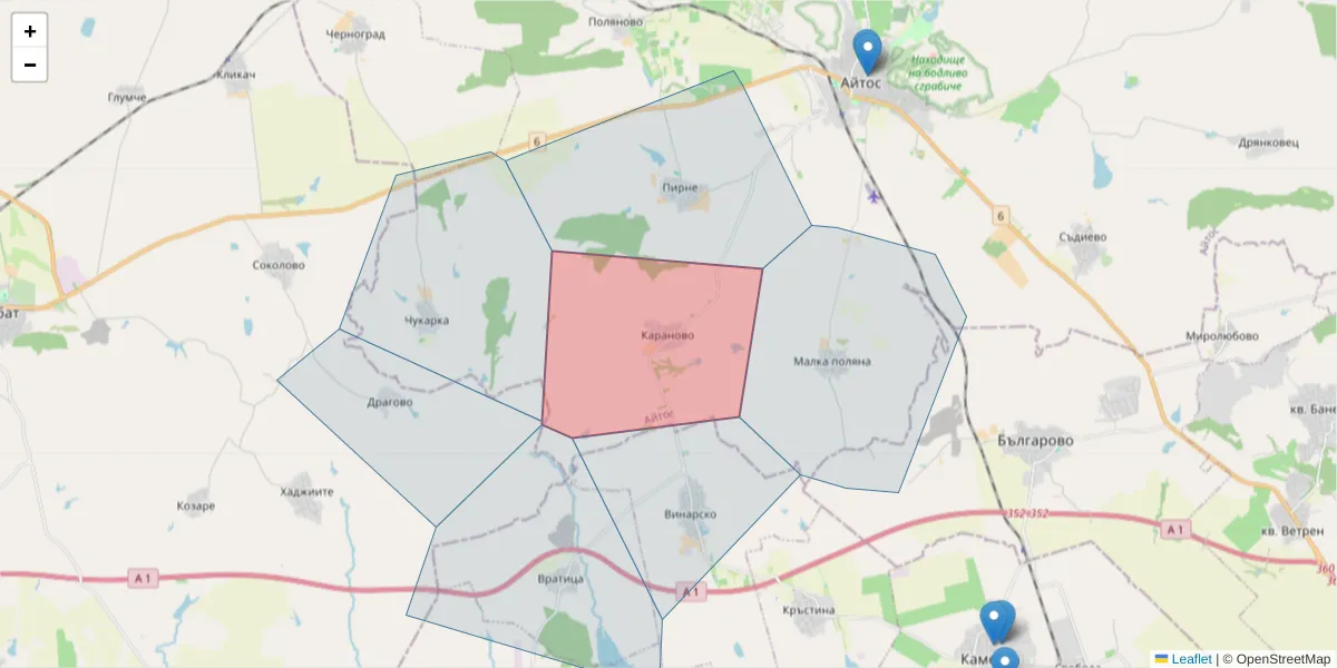 Карта на пощенски код  и съседните пощенски кодове в България