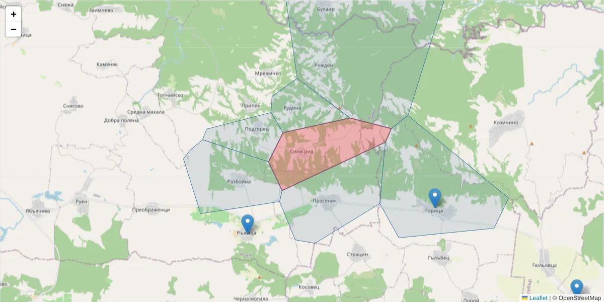 Карта на пощенски код  и съседните пощенски кодове в България