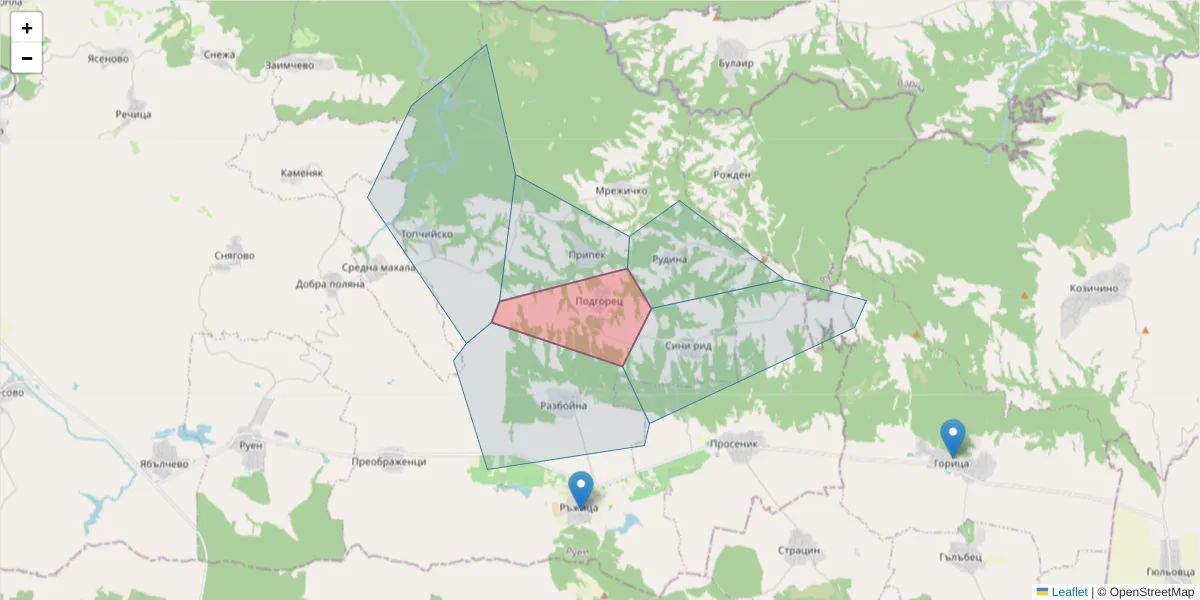 Карта на пощенски код  и съседните пощенски кодове в България