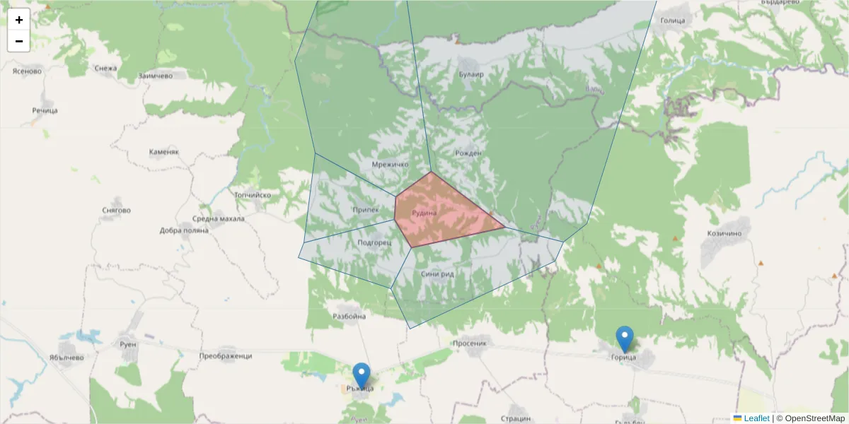 Карта на пощенски код  и съседните пощенски кодове в България