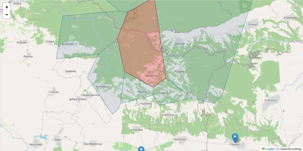 Карта на пощенски код  и съседните пощенски кодове в България