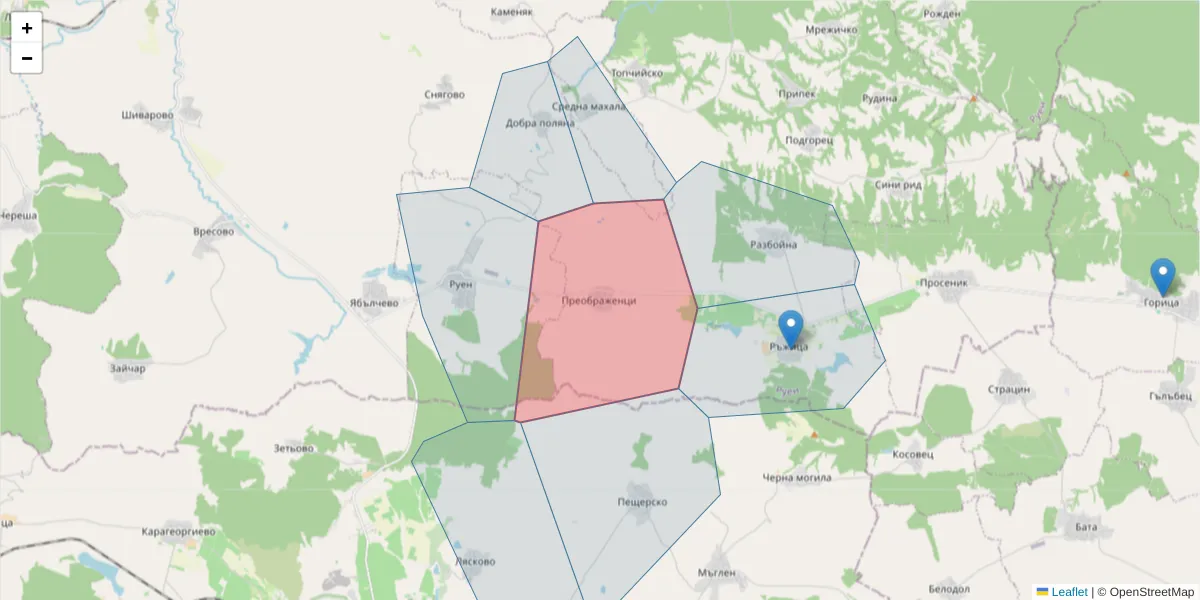 Карта на пощенски код  и съседните пощенски кодове в България