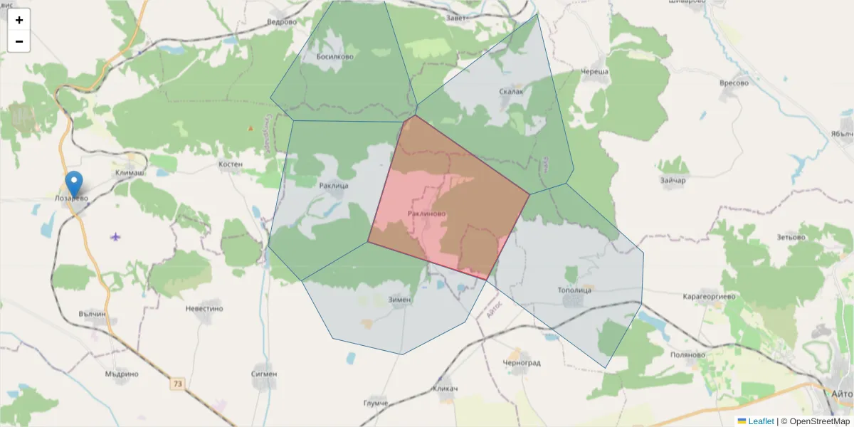 Карта на пощенски код  и съседните пощенски кодове в България