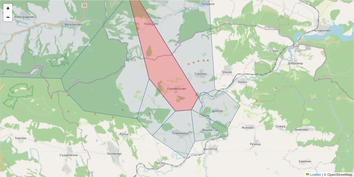 Карта на пощенски код  и съседните пощенски кодове в България