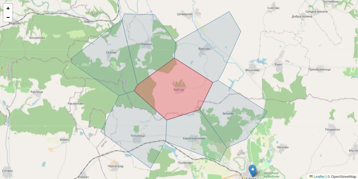 Карта на пощенски код  и съседните пощенски кодове в България