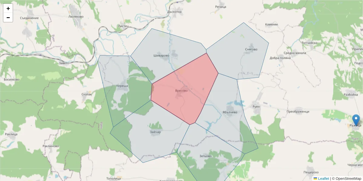 Карта на пощенски код  и съседните пощенски кодове в България