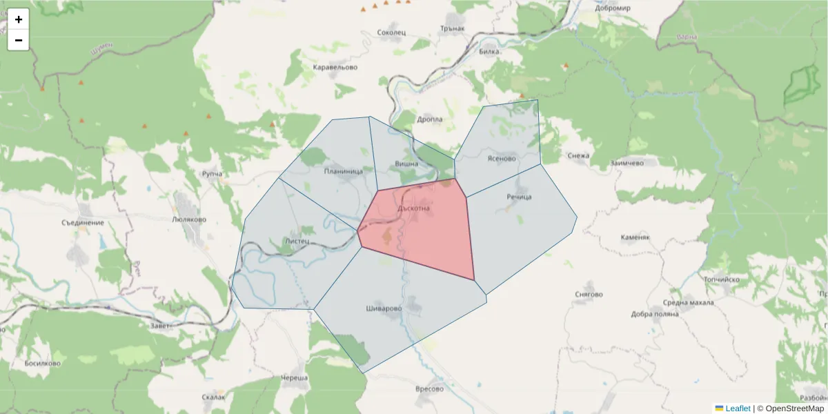 Карта на пощенски код  и съседните пощенски кодове в България