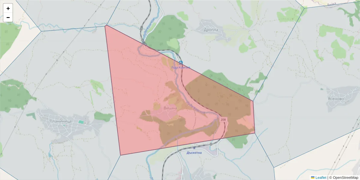 Карта на пощенски код  и съседните пощенски кодове в България