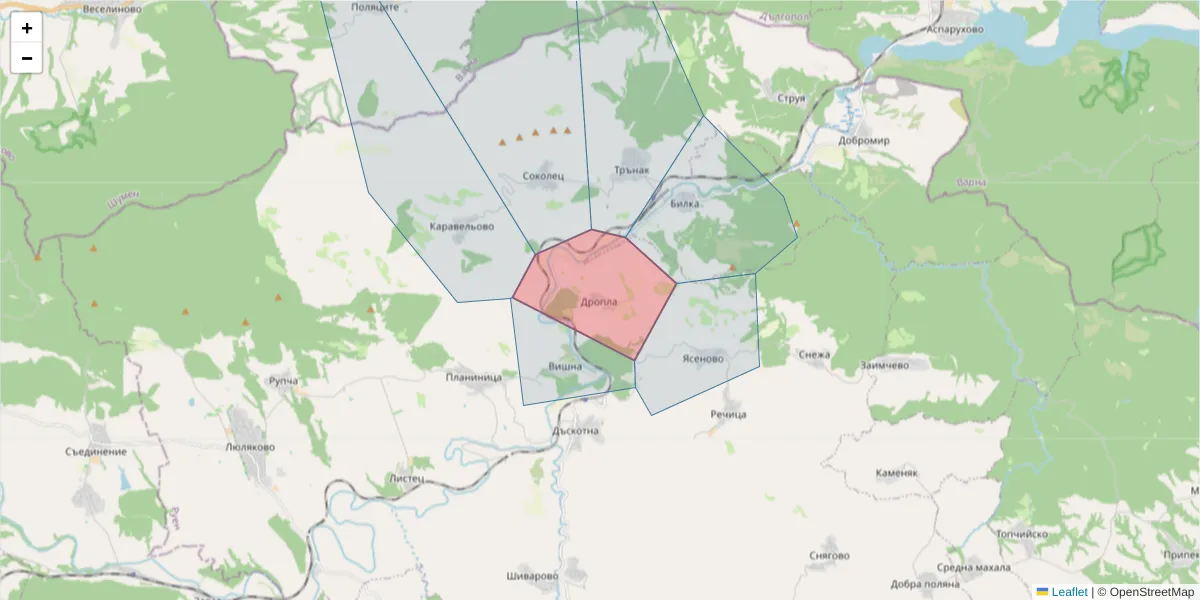 Карта на пощенски код  и съседните пощенски кодове в България