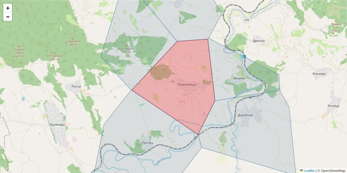 Карта на пощенски код  и съседните пощенски кодове в България
