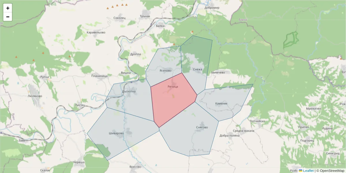 Карта на пощенски код  и съседните пощенски кодове в България