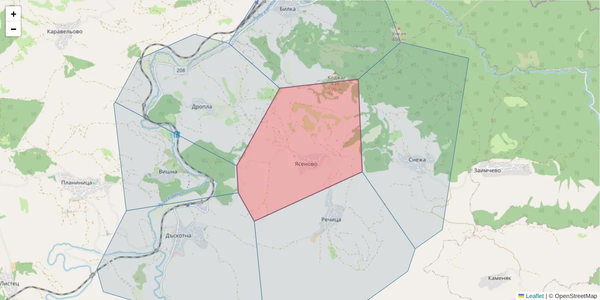 Карта на пощенски код  и съседните пощенски кодове в България