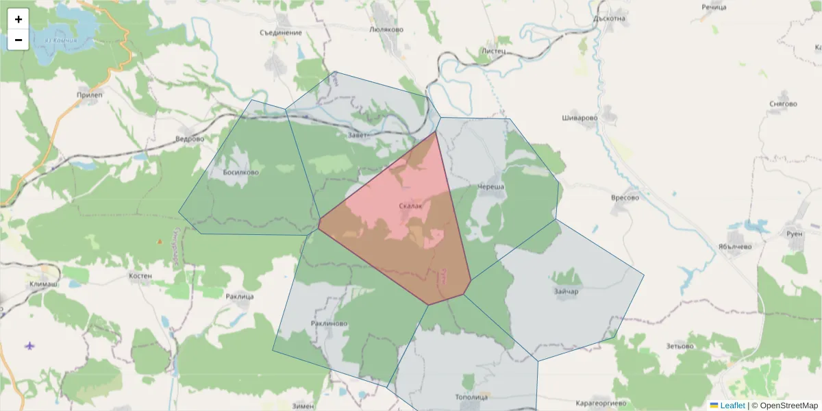 Карта на пощенски код  и съседните пощенски кодове в България
