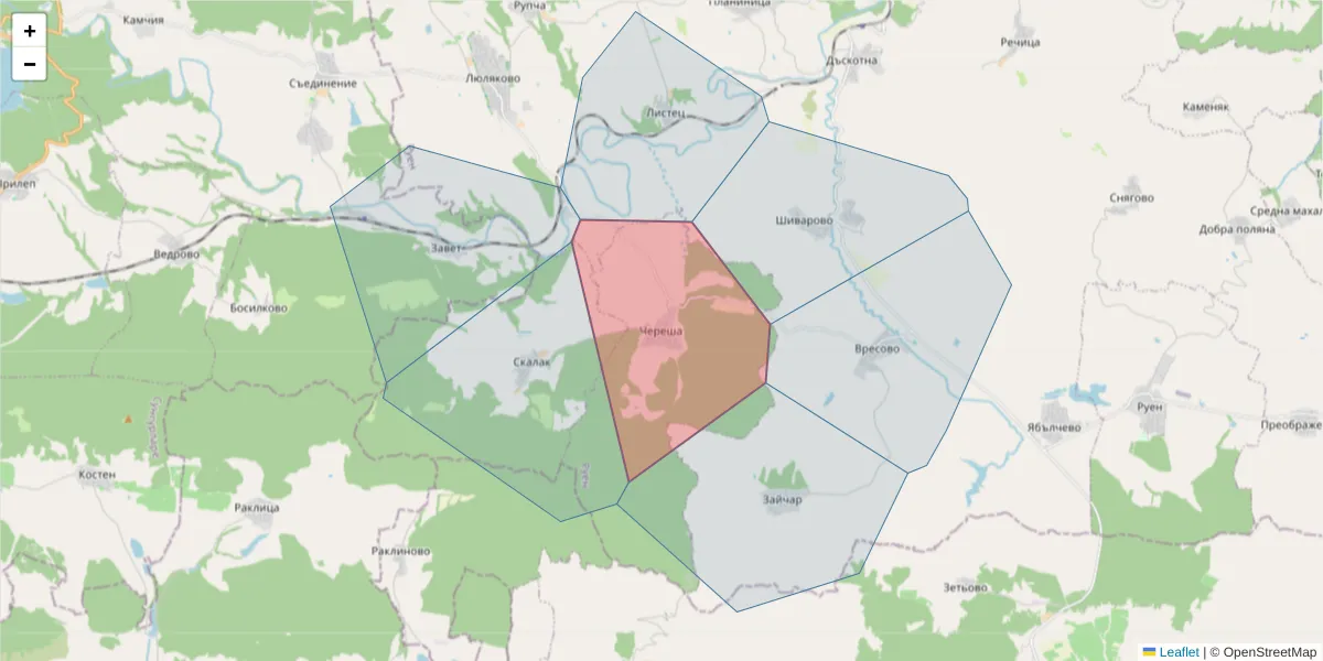 Карта на пощенски код  и съседните пощенски кодове в България