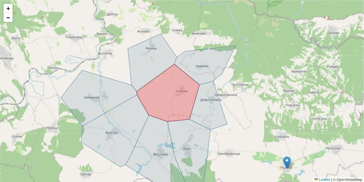 Карта на пощенски код  и съседните пощенски кодове в България