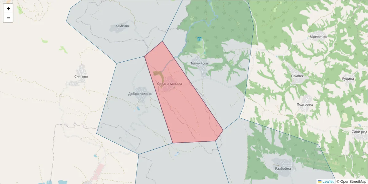 Карта на пощенски код  и съседните пощенски кодове в България