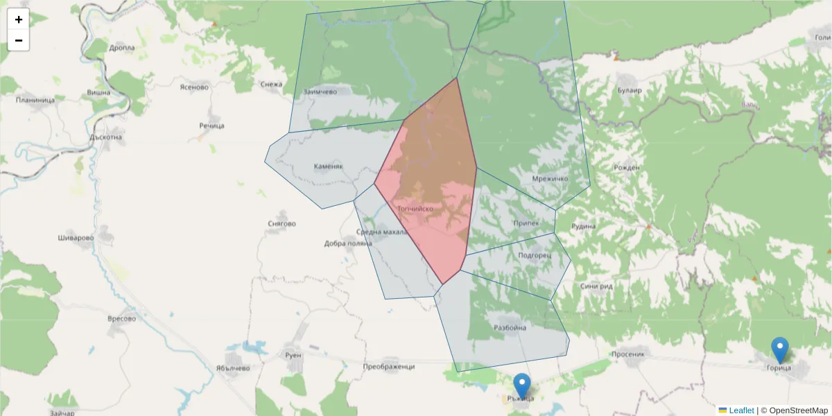 Карта на пощенски код  и съседните пощенски кодове в България