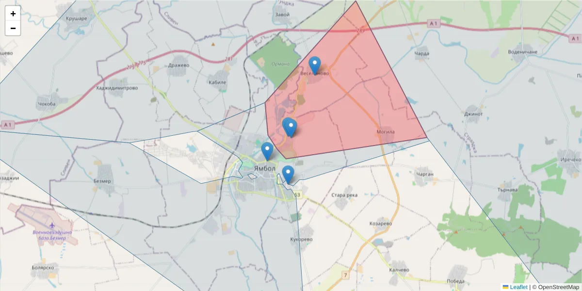 Карта на пощенски код  и съседните пощенски кодове в България