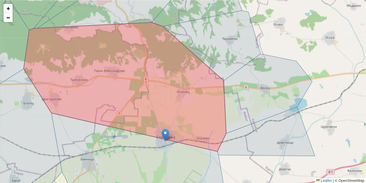 Карта на пощенски код  и съседните пощенски кодове в България