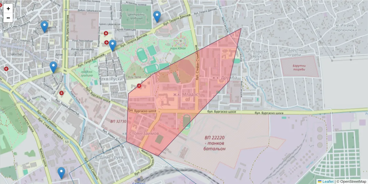 Карта на пощенски код  и съседните пощенски кодове в България