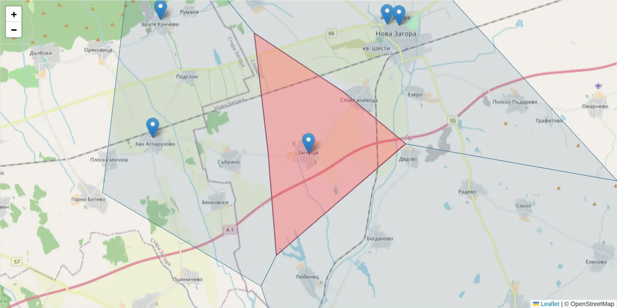 Карта на пощенски код  и съседните пощенски кодове в България