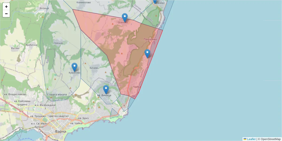 Карта на пощенски код  и съседните пощенски кодове в България