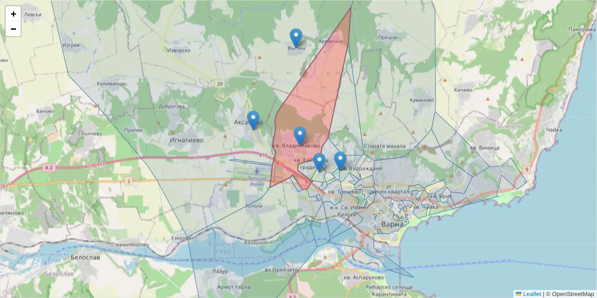 Карта на пощенски код  и съседните пощенски кодове в България