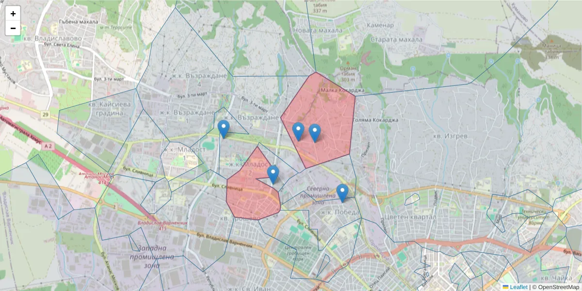 Карта на пощенски код  и съседните пощенски кодове в България